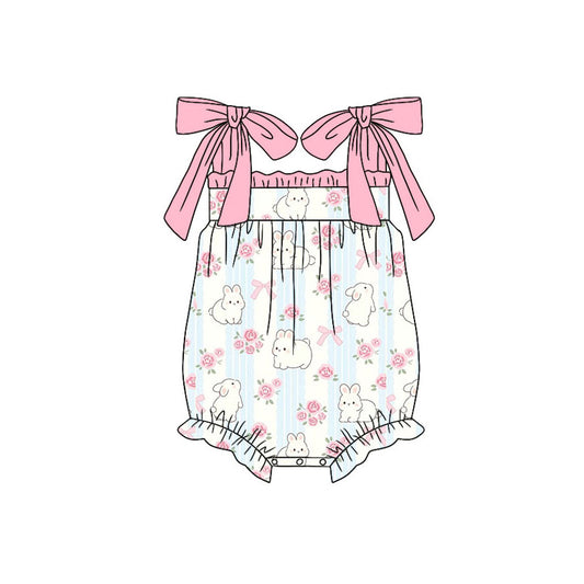 Preorder (moq 5)Baby Girls Pink Strap Flowers Rabbits Easter Ruffle Rompers