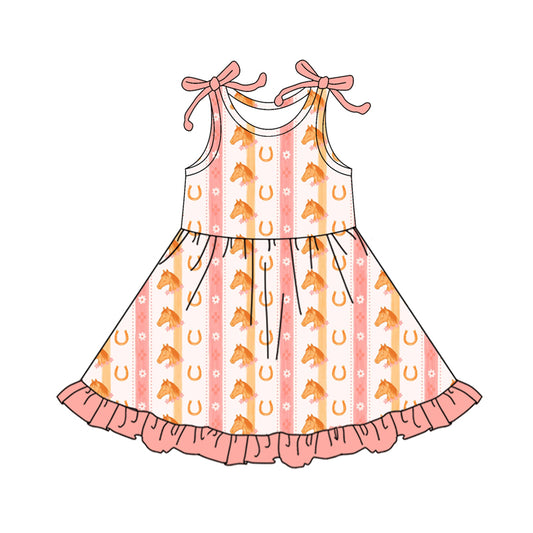 Preorder (moq 5)Baby Girls Flowers Horses Stripe Western Ruffle Knee Length Dresses