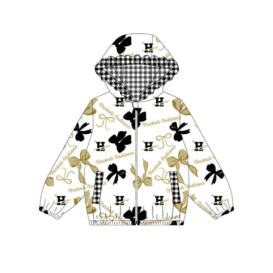 Preorder(moq 8)Baby Girls Black Khaki Bows Anchors H Pockets Zipper Team Ruffle Hoodies Jackets
