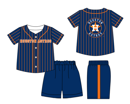 Preorder (moq 5)Baby Boys Orange Stripe Houston Astros Button Top Shorts Team Clothes Sets