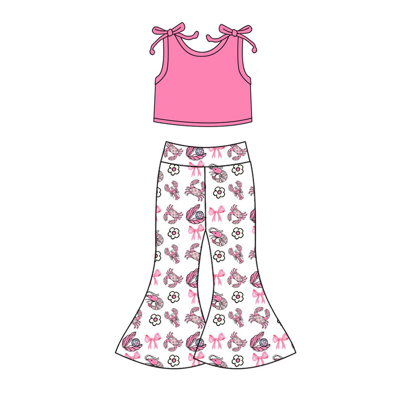 Preorder(moq 5)Baby Girls Pink Top Bows Crab Flowers Bell Bottom Pants Clothes Sets