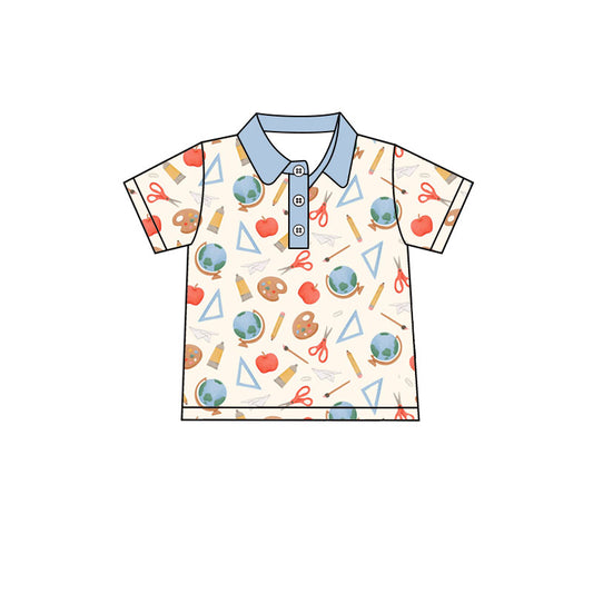 Preorder(moq 5) Baby Boys Short Sleeve Apples Pencils Back to School Button Polo Shirts Top