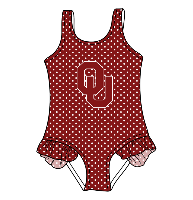 Preorder moq 5 Baby Girls Sleeveless Red Polka Dots OU Team Swimsuits