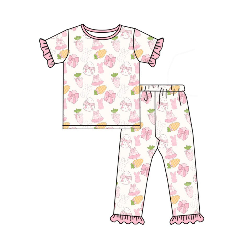 Preorder(moq 8)Baby Girls Pink Rabbits Bows Eggs Top Ruffle Pants Easter Pajamas Sets
