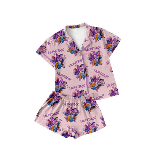 Preorder(moq 5) Baby Girls Cartoon Girls Hungry Button Pockets Top Shorts Pajamas Sets