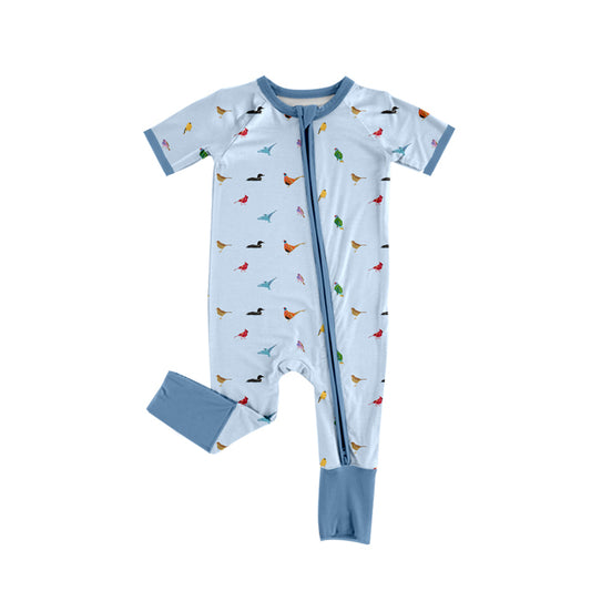 Preorder (moq 5)Baby Boys Short Sleeve Colorful Birds Western Two Way Zip Convertible Rompers
