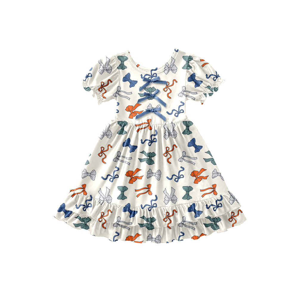 Preorder (moq 5)Baby Girls Red Blue Bows 4th of July Ruffle Knee Length Dresses