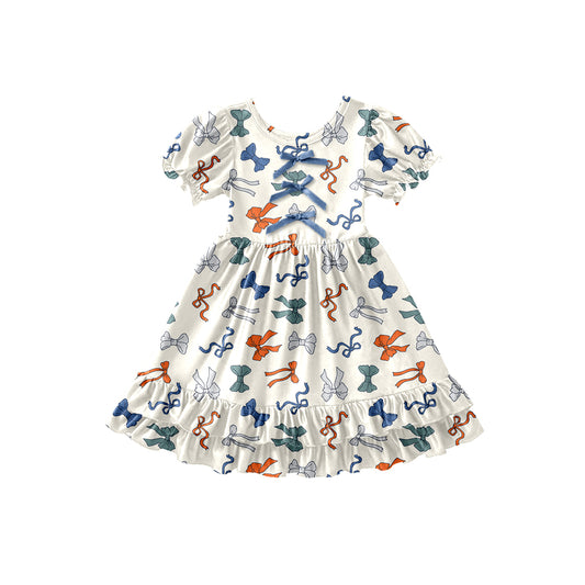 Preorder (moq 5)Baby Girls Red Blue Bows 4th of July Ruffle Knee Length Dresses