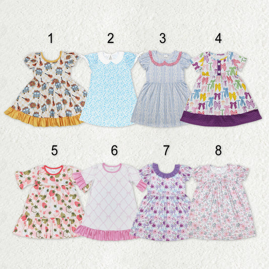 Sibling Baby Girls Flowers Plaid Short Ruffle Sleeve Knee Length Dresses
