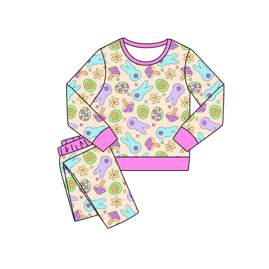 Preorder(moq 5) Baby Girls Colorful Eggs Rabbits Pants Easter Pajamas Sets