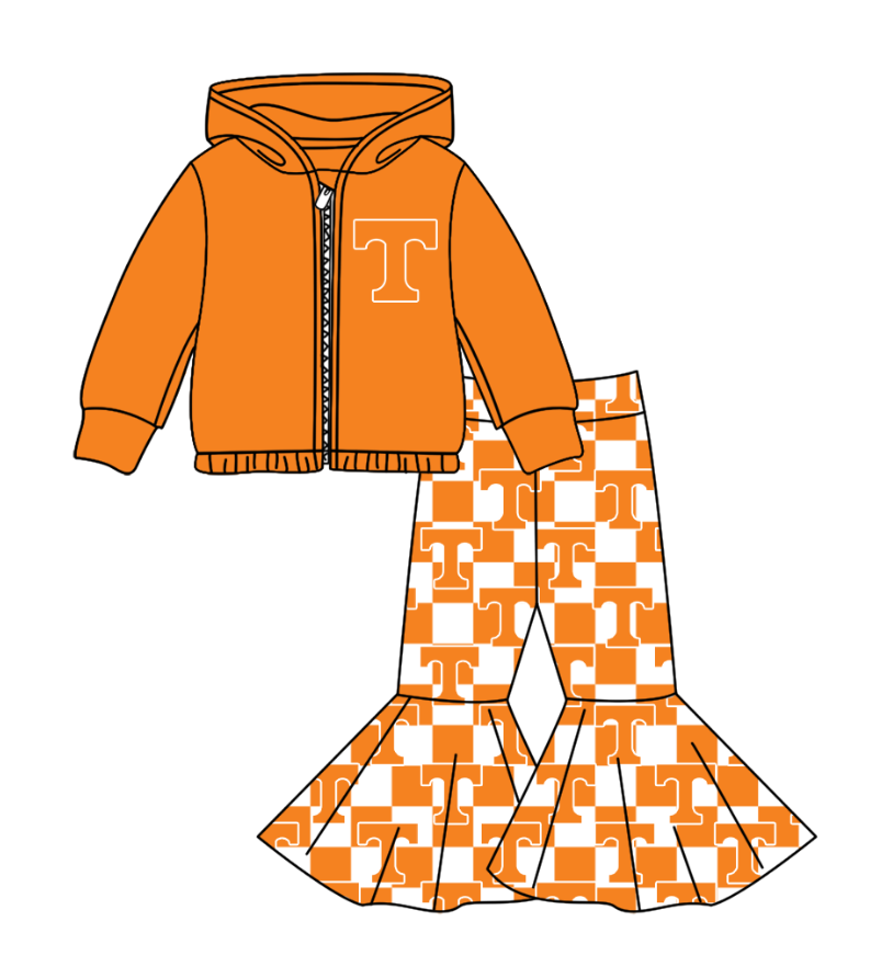Preorder(moq 5) Baby Girls Orange T Zipper Hoodie Jacket Bell Bottom Pants Team Clothes Sets