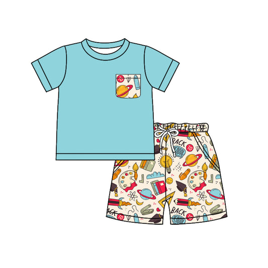 Preorder(moq 5) Baby Boys Books Pencils Shirt Pockets Shorts Back to School Clothes Set