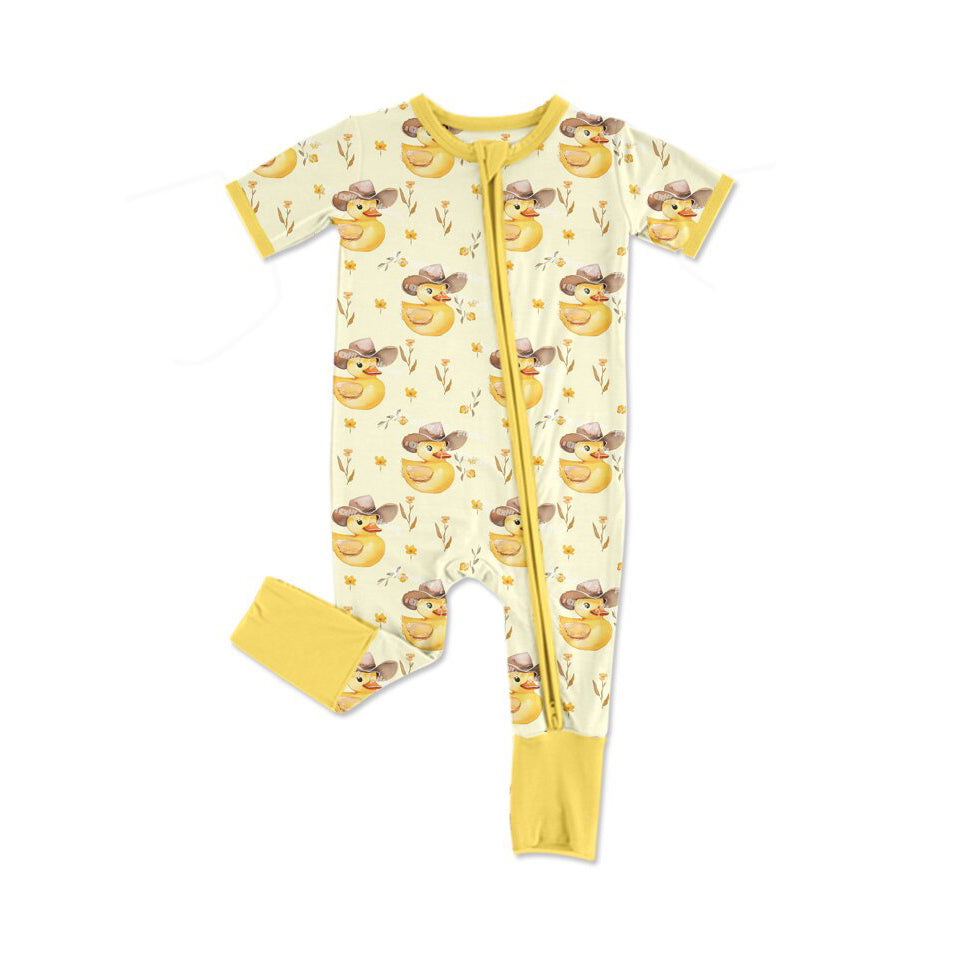 Preorder (moq 8)Baby Girls Yellow Ducks Flowers Zipper Footie Rompers