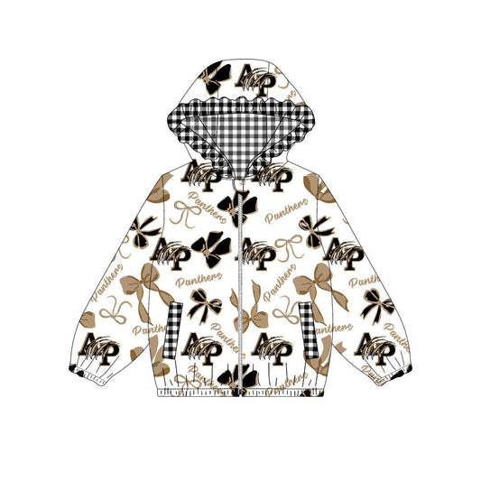 Preorder(moq 8)Baby Girls Black Khaki Bows AP Panthers Pockets Zipper Team Ruffle Hoodies Jackets
