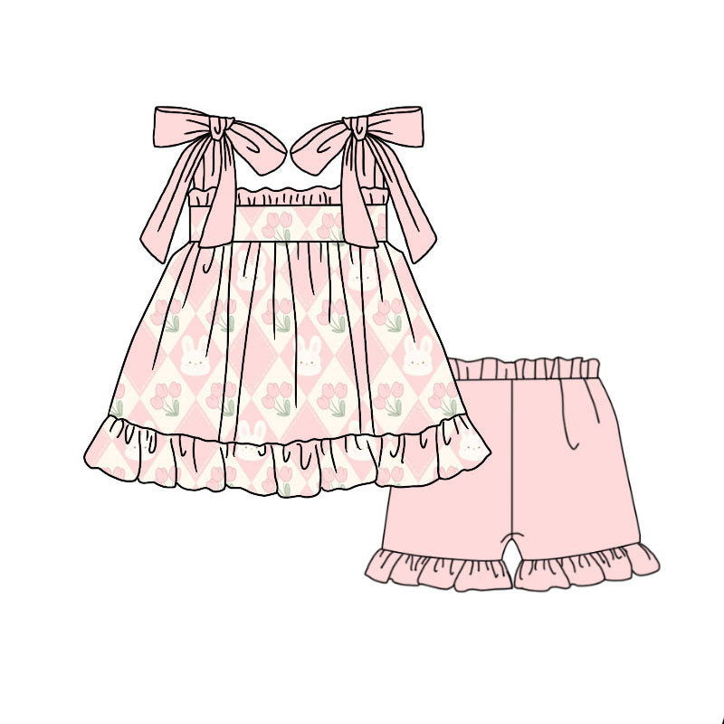 Preorder(moq 5) Baby Girls Pink Strap Flowers Rabbits Tunic Ruffle Shorts Easter Clothes Sets