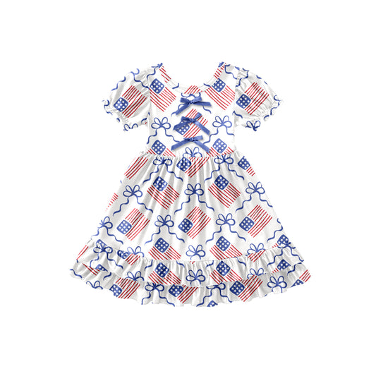 Preorder (moq 5)Baby Girls Bows Flags 4th of July Ruffle Knee Length Dresses