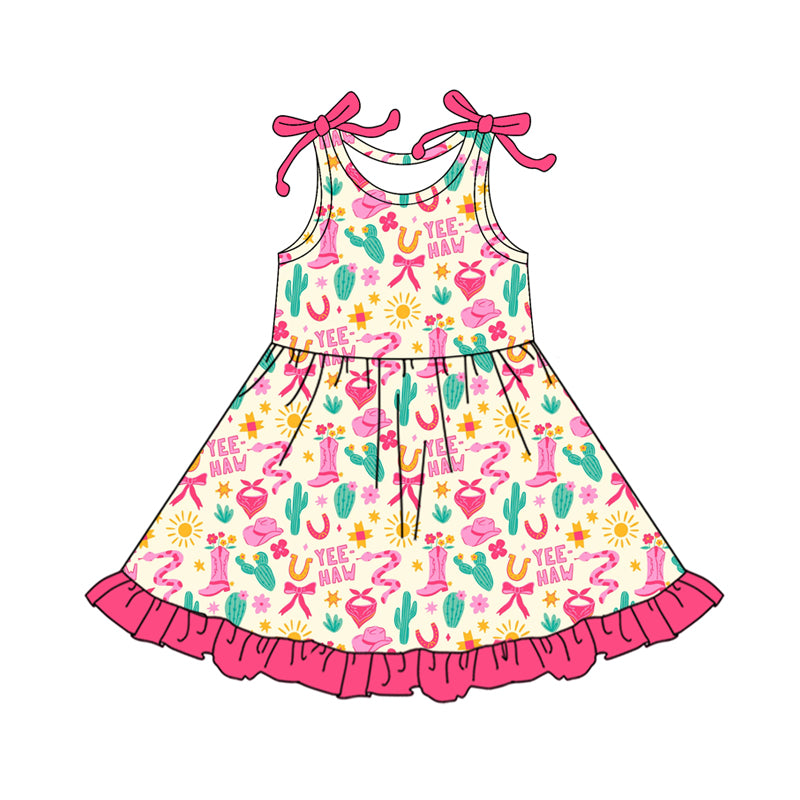 Preorder (moq 5)Baby Girls Flowers Boots Cactus Western Ruffle Knee Length Dresses