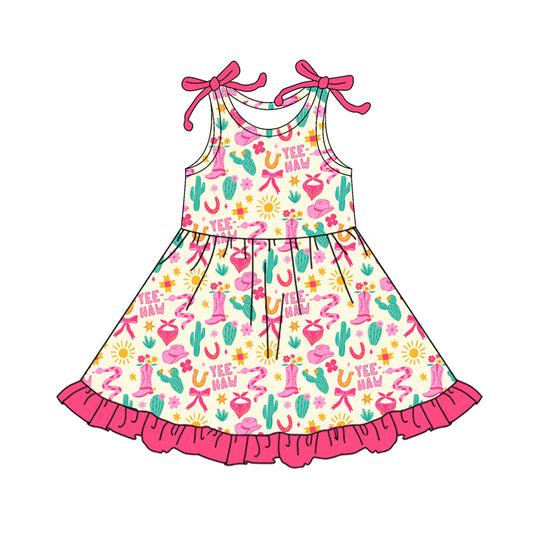 Preorder (moq 5)Baby Girls Flowers Boots Cactus Western Ruffle Knee Length Dresses