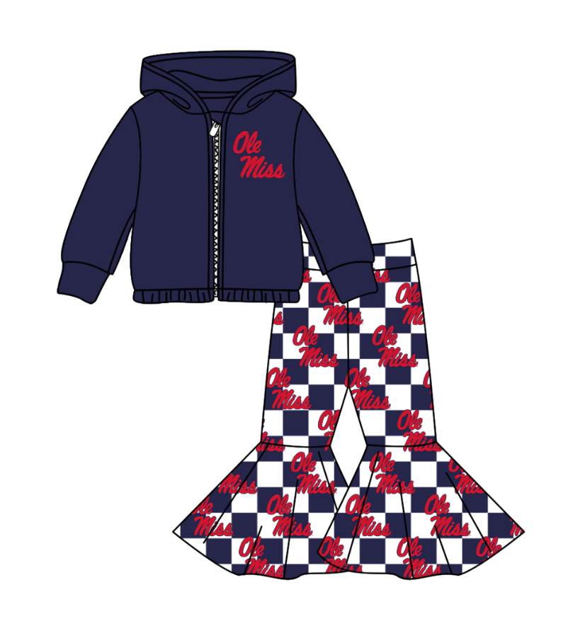 Preorder(moq 5) Baby Girls Navy Ole Miss Zipper Hoodie Jacket Bell Bottom Pants Team Clothes Sets