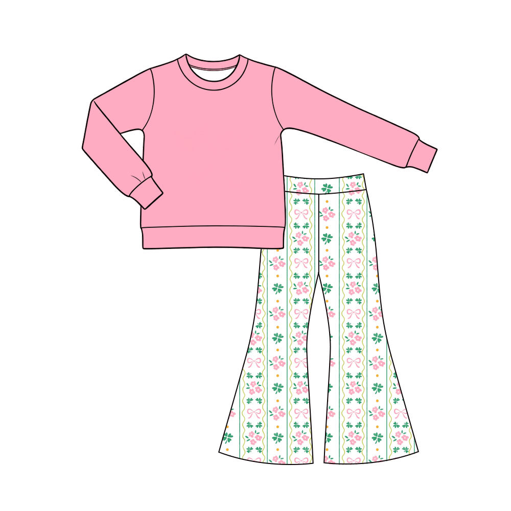 Preorder (moq 5) Baby Girl Clothes St Patrick's Day Clover Floral Bow Striped Print Long Sleeve Flare Pant Set