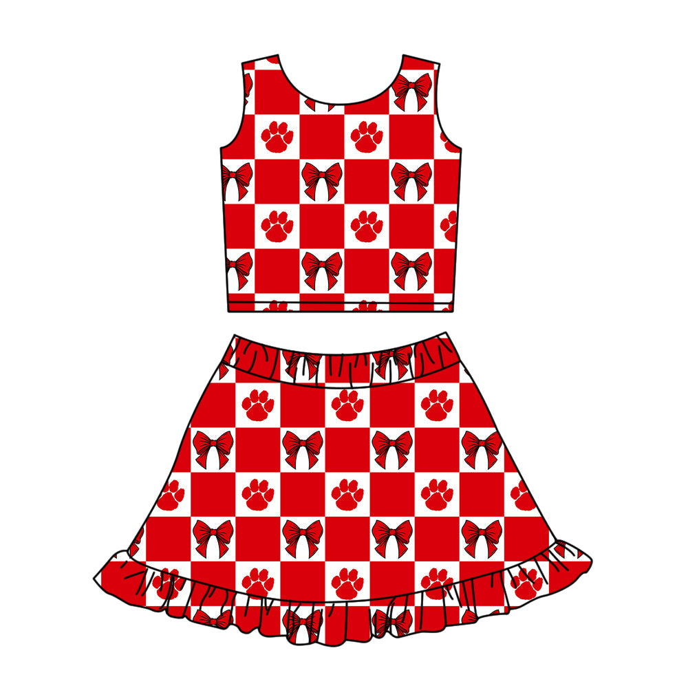 Preorder (moq 5)Baby Girls Red Pawls Bows Checked Vest Ruffle Skirt Short Team Clothes Sets