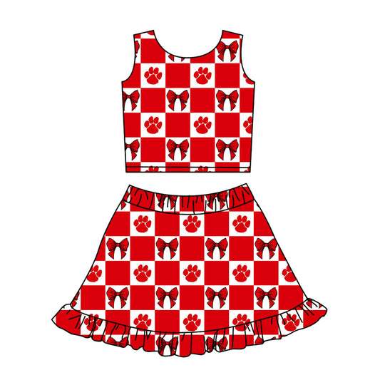 Preorder (moq 5)Baby Girls Red Pawls Bows Checked Vest Ruffle Skirt Short Team Clothes Sets