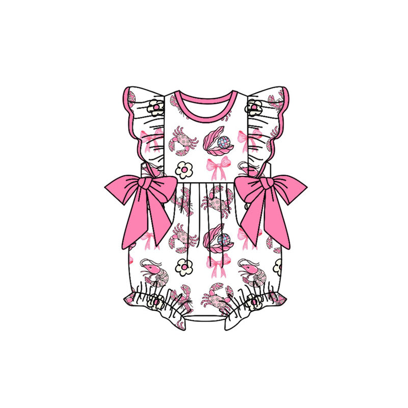 Preorder (moq 5)Baby Girls Flutter Sleeve Crabs Bows Flowers Ruffle Rompers