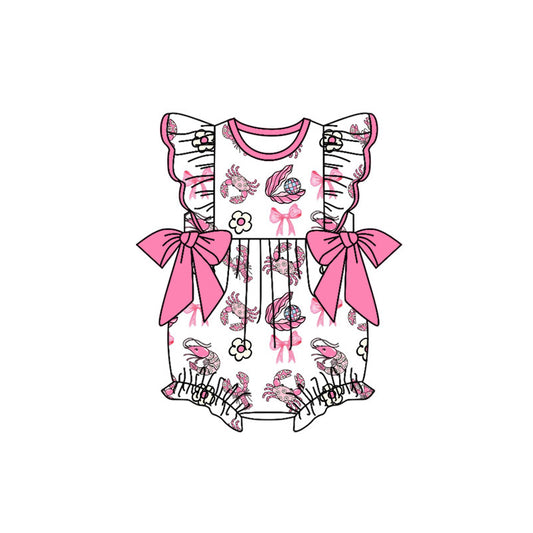 Preorder (moq 5)Baby Girls Flutter Sleeve Crabs Bows Flowers Ruffle Rompers