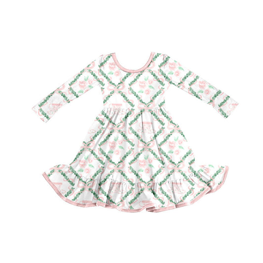 Preorder(moq 5) Baby Girls Pink Bows Flowers Checked Ruffle Knee Length Dresses