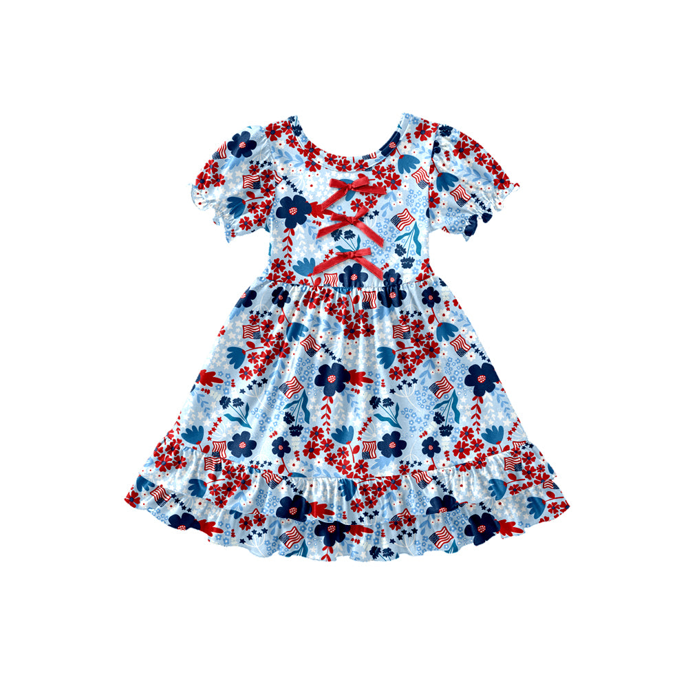 Preorder (moq 5)Baby Girls Flowers Flags 4th of July Ruffle Knee Length Dresses