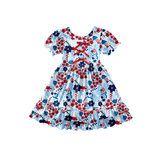 Preorder (moq 5)Baby Girls Flowers Flags 4th of July Ruffle Knee Length Dresses