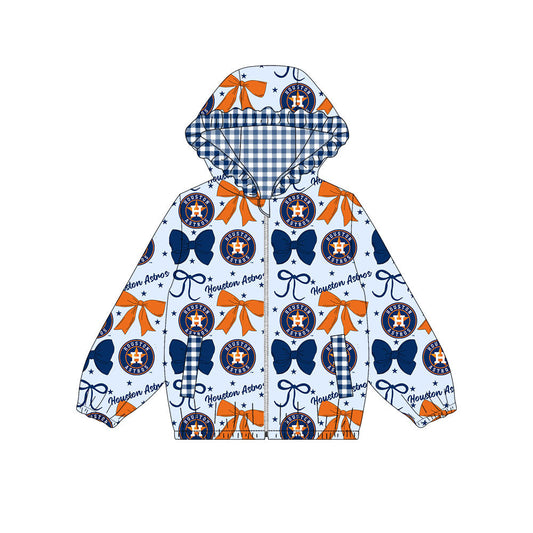 Preorder(moq 8)Baby Girls Blue Orange Bows H Houston Pockets Zipper Team Ruffle Hoodies Jackets