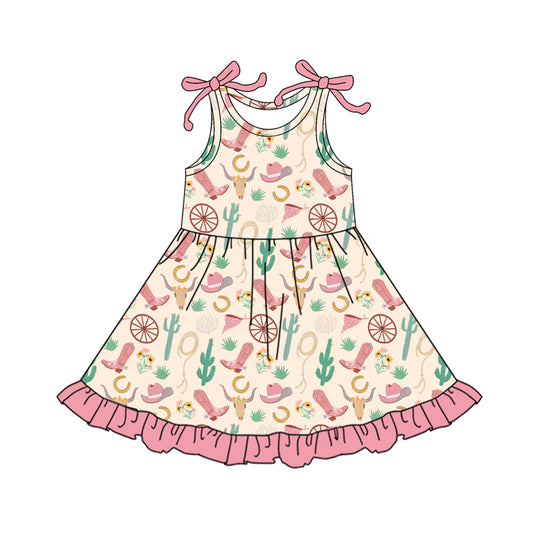 Preorder (moq 5)Baby Girls Flowers Boots Bull Skulls Western Ruffle Knee Length Dresses