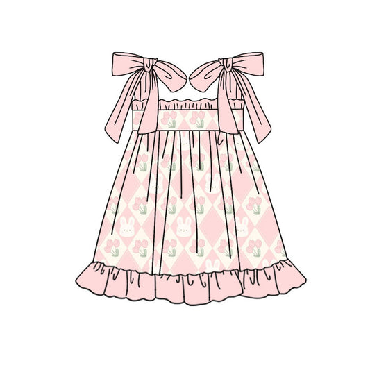 Preorder(moq 5) Baby Girls Pink Strap Flowers Rabbits Easter Ruffle Knee Length Dresses