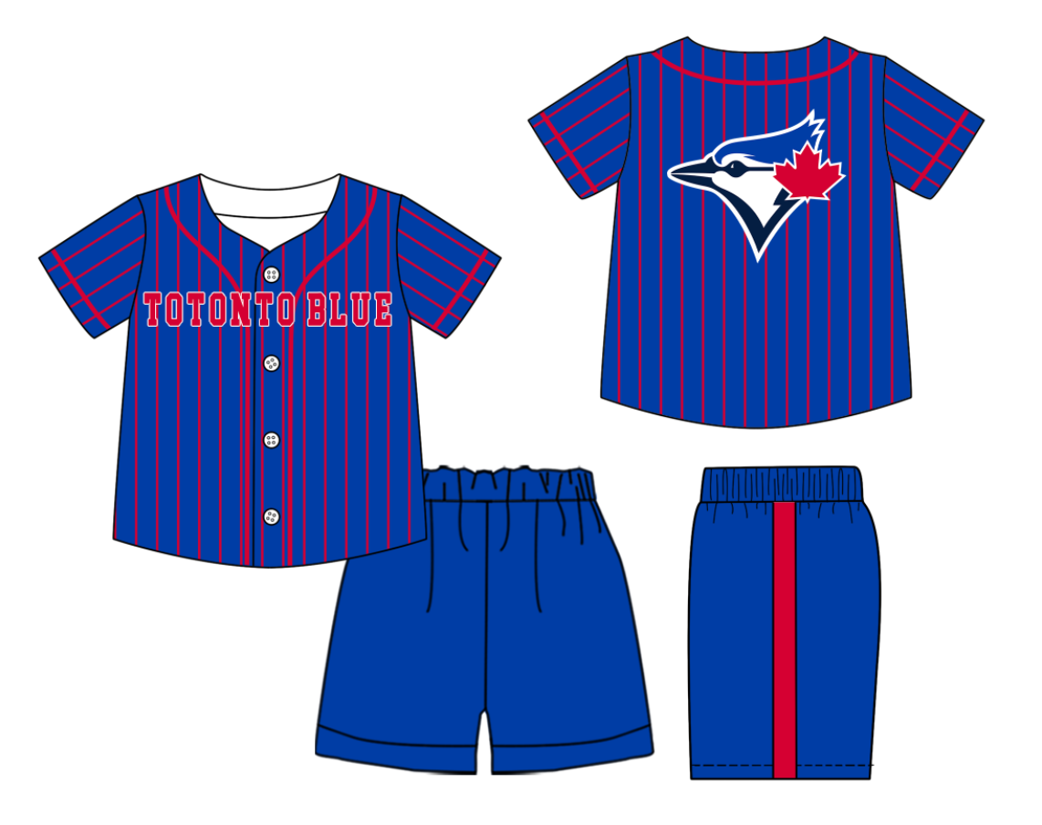 Preorder (moq 5)Baby Boys Red Stripe Totonto Blus Button Top Shorts Team Clothes Sets