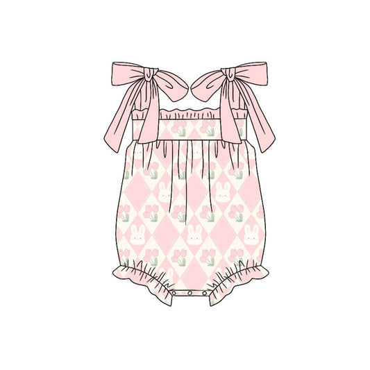 Preorder (moq 5)Baby Girls Pink Strap Flowers Rabbits Easter Ruffle Rompers