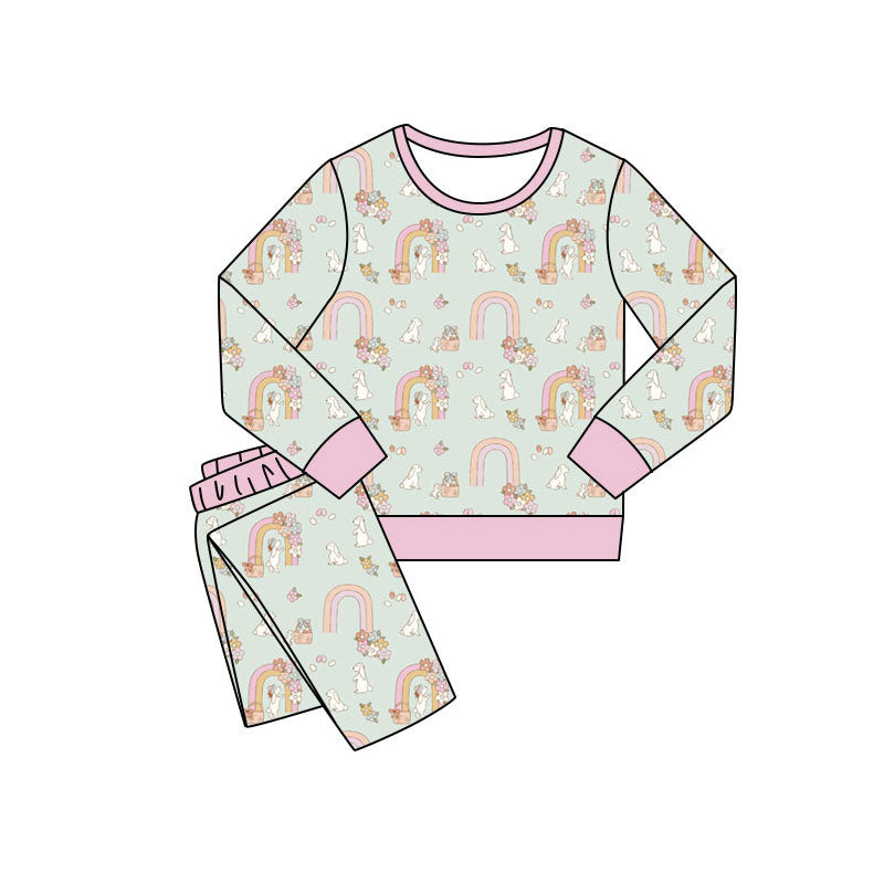 Preorder(moq 5) Baby Girls Rainbows Rabbits Pants Easter Pajamas Sets