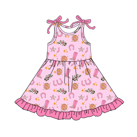 Preorder (moq 5)Baby Girls Stars Boots Hats Western Ruffle Knee Length Dresses