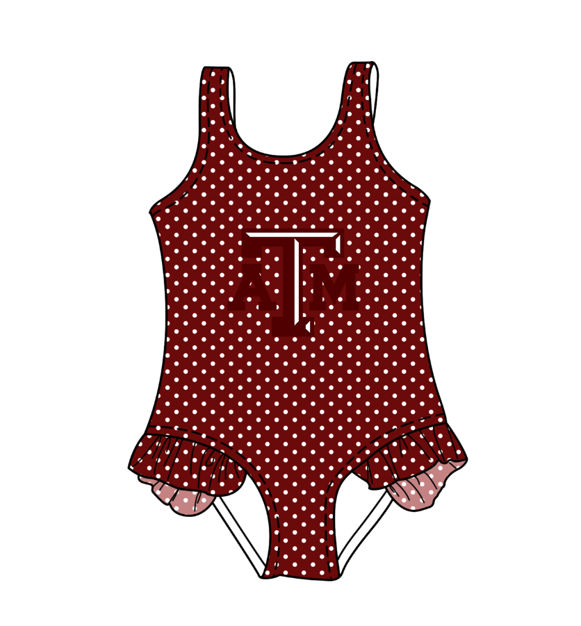 Preorder moq 5 Baby Girls Sleeveless Red Polka Dots ATM Team Swimsuits