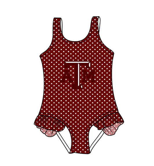 Preorder moq 5 Baby Girls Sleeveless Red Polka Dots ATM Team Swimsuits
