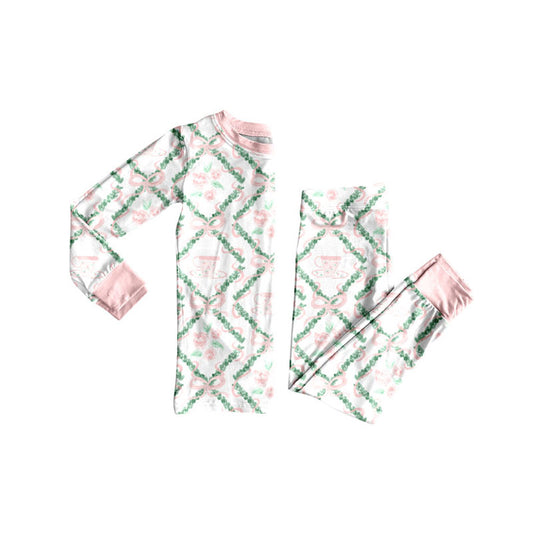 Preorder(moq 5) Baby Girls Pink Bows Flowers Checked Top Pants Pajamas Set