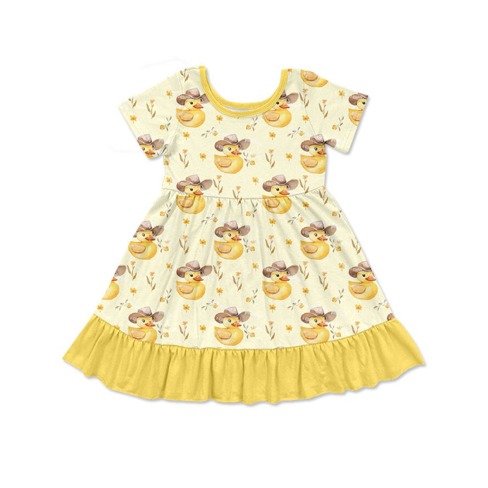 Preorder(moq 8)Baby Girls Yellow Ducks Flowers Ruffle Knee Length Dresses