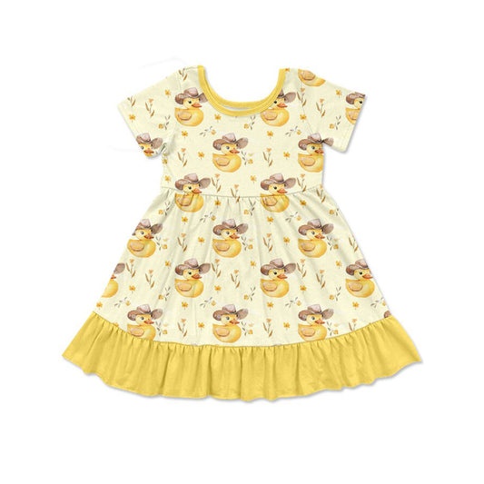 Preorder(moq 8)Baby Girls Yellow Ducks Flowers Ruffle Knee Length Dresses