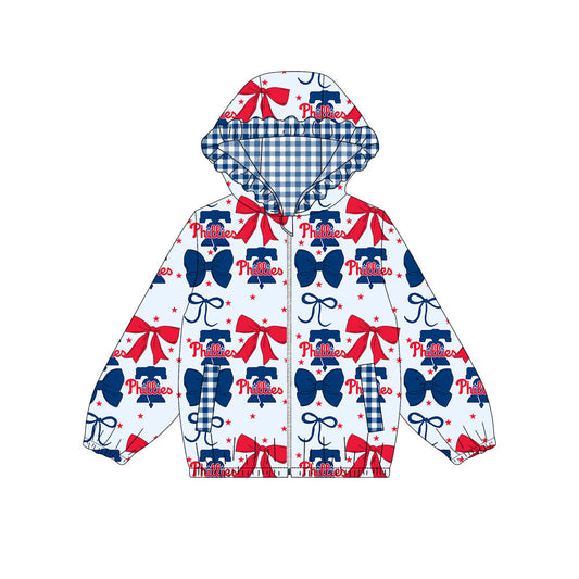 Preorder(moq 8)Baby Girls Blue Red Bows Phillies Pockets Zipper Team Ruffle Hoodies Jackets