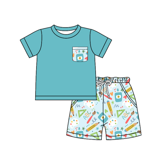 Preorder(moq 5) Baby Boys ABC Pencils Shirt Pockets Shorts Back to School Clothes Set