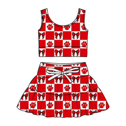 Preorder (moq 5)Baby Girls Red Pawls Bows Checked Vest Top Skirt Short Team Clothes Sets