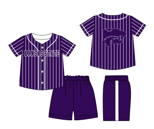 Preorder (moq 5)Baby Boys Purple Stripe Kansas State Button Top Shorts Team Clothes Sets