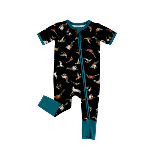 Preorder (moq 5)Baby Boys Short Sleeve Colorful Birds Western Two Way Zip Convertible Rompers