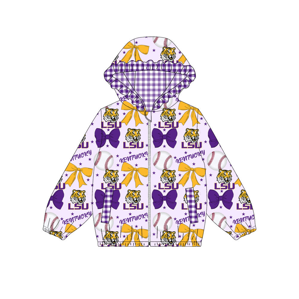 Preorder(moq 8)Baby Girls Purple Yellow Bows LSU Tigers Pockets Zipper Team Ruffle Hoodies Jackets
