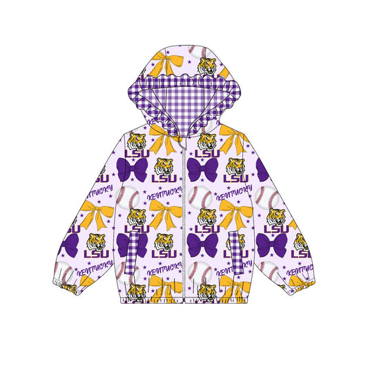 Preorder(moq 8)Baby Girls Purple Yellow Bows LSU Tigers Pockets Zipper Team Ruffle Hoodies Jackets